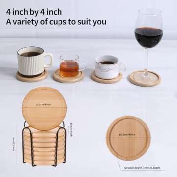 LanZhiYa Bamboo 4 inch coaster [4 pcs] Coasters with Holder - Drinking Coasters - Cup Mat for Drinks - Live for Hot or Cold Drink - Non-slip and non-stick,Suitable for Kinds Cups and Living Room Decor