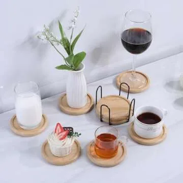 LanZhiYa Bamboo 4 inch coaster [4 pcs] Coasters with Holder - Drinking Coasters - Cup Mat for Drinks - Live for Hot or Cold Drink - Non-slip and non-stick,Suitable for Kinds Cups and Living Room Decor