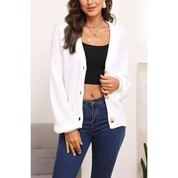 Asskdan Women's V Neckline Button Down Knit Cardigan