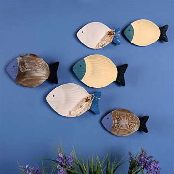 OECECR 2Pcs Wood Fish Nautical Beach Wall Decor, Wooden Hanging Coastal Wall Art Decor for Home, Lake House, Ocean Bathroom Decor - Blue