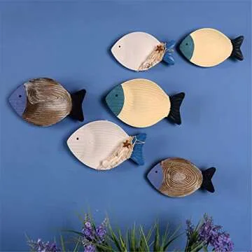 OECECR 2Pcs Wood Fish Nautical Beach Wall Decor, Wooden Hanging Coastal Wall Art Decor for Home, Lake House, Ocean Bathroom Decor - Blue