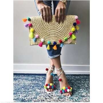 Straw Pom Pom and Tassel Clutch - Fashion Bag for Summer Large