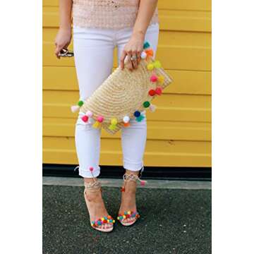 Straw Pom Pom and Tassel Clutch - Fashion Bag for Summer Large