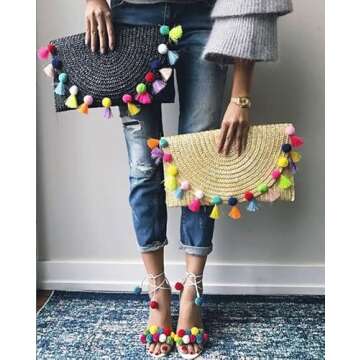 Straw Pom Pom and Tassel Clutch - Fashion Bag for Summer Large