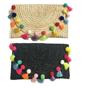 Straw Pom Pom and Tassel Clutch - Fashion Bag for Summer Large