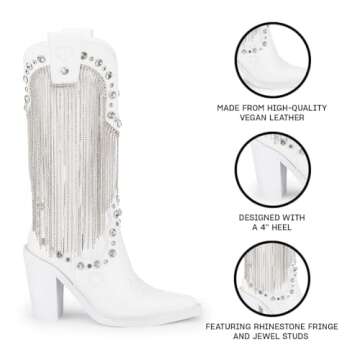 Dolls Kill Present Perfect Cowboy Boots by Sugar Thrillz - Vegan Leather Footwear With Rhinestone Fringe and Jewel Studs, Perfect for Sparkling Style - White, 7
