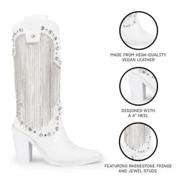 Dolls Kill Present Perfect Cowboy Boots by Sugar Thrillz - Vegan Leather Footwear With Rhinestone Fringe and Jewel Studs, Perfect for Sparkling Style - White, 7