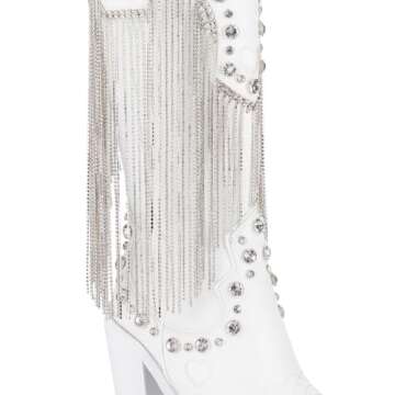 Dolls Kill Present Perfect Cowboy Boots by Sugar Thrillz - Vegan Leather Footwear With Rhinestone Fringe and Jewel Studs, Perfect for Sparkling Style - White, 7