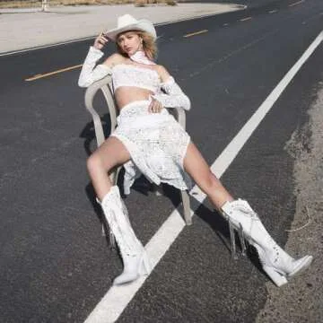 Dolls Kill Present Perfect Cowboy Boots by Sugar Thrillz - Vegan Leather Footwear With Rhinestone Fringe and Jewel Studs, Perfect for Sparkling Style - White, 7