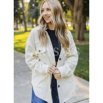 FAYRSYAS Shackt Jacket Women Fall Long Sleeve Button Down Shirt Tops Fashion Causal Winter Jackets with Pockets Beige 12-14