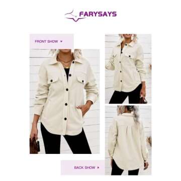 FAYRSYAS Shackt Jacket Women Fall Long Sleeve Button Down Shirt Tops Fashion Causal Winter Jackets with Pockets Beige 12-14