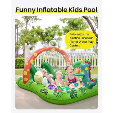 Inflatable Kids Pool, Airefina Dino Planet Inflatable Play Center Kiddie Pool with Water Slide, Ultra Thick 97"x76"x41" Toddler Pool with Play Ball Hoop, for Backyard, Garden, Water Park, Ages 3+