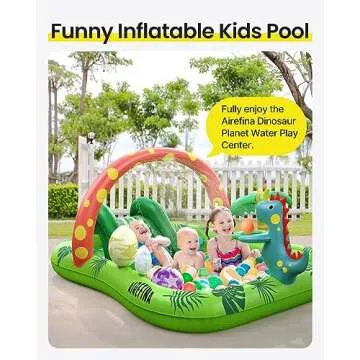 Inflatable Kids Pool, Airefina Dino Planet Inflatable Play Center Kiddie Pool with Water Slide, Ultra Thick 97"x76"x41" Toddler Pool with Play Ball Hoop, for Backyard, Garden, Water Park, Ages 3+
