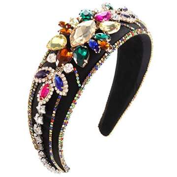 Baroque Crystal Padded Headband for Women Girls Colorful Rhinestone Flower Embellished Hairbands Sparkly Bejewelled Wide Velvet Hair Hoop Party Wedding Hair Accessory