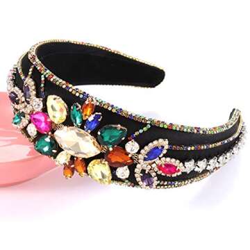 Baroque Crystal Padded Headband for Women Girls Colorful Rhinestone Flower Embellished Hairbands Sparkly Bejewelled Wide Velvet Hair Hoop Party Wedding Hair Accessory