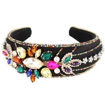 Baroque Crystal Padded Headband for Women Girls Colorful Rhinestone Flower Embellished Hairbands Sparkly Bejewelled Wide Velvet Hair Hoop Party Wedding Hair Accessory