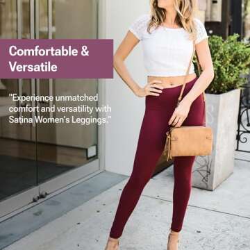 SATINA High Waisted Burgandy Leggings for Women - Soft, Stretchy Leggings with Side Pockets - Full Length Yoga Pants for Women - Tummy Control and Buttery Soft Fabric for All-Day Comfort