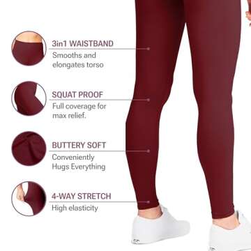 SATINA High Waisted Burgandy Leggings for Women - Soft, Stretchy Leggings with Side Pockets - Full Length Yoga Pants for Women - Tummy Control and Buttery Soft Fabric for All-Day Comfort