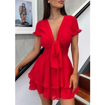 PRETTYGARDEN Women's 2024 Summer Swing Mini Dress V Neck Short Sleeve Ruffle Tiered Layer A-Line Short Bow Dress(Red,Large)