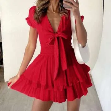 PRETTYGARDEN Women's 2024 Summer Swing Mini Dress V Neck Short Sleeve Ruffle Tiered Layer A-Line Short Bow Dress(Red,Large)