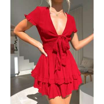 PRETTYGARDEN Women's 2024 Summer Swing Mini Dress V Neck Short Sleeve Ruffle Tiered Layer A-Line Short Bow Dress(Red,Large)
