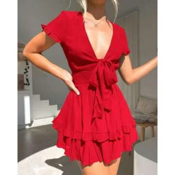 PRETTYGARDEN Women's 2024 Summer Swing Mini Dress V Neck Short Sleeve Ruffle Tiered Layer A-Line Short Bow Dress(Red,Large)