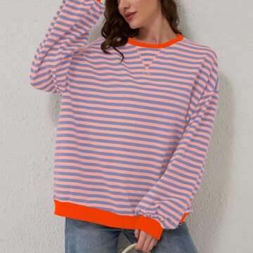 Womens Summer Tops,Deals of The Day Clearance Prime,Women Striped Oversized Sweatshirt Color Block L...
