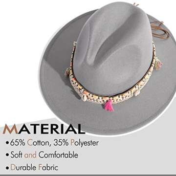 Gossifan Women's Felt Fedora Hat Wide Brim Panama Hats with Tassel-Light Grey