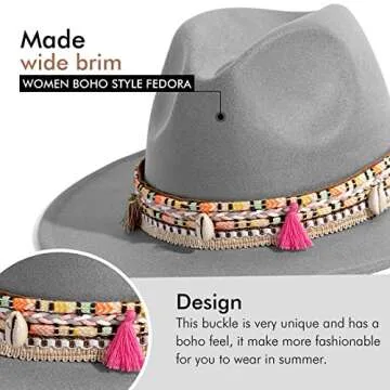 Gossifan Women's Felt Fedora Hat Wide Brim Panama Hats with Tassel-Light Grey