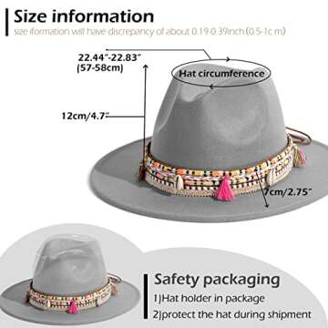 Gossifan Women's Felt Fedora Hat Wide Brim Panama Hats with Tassel-Light Grey