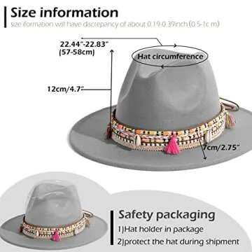Gossifan Women's Felt Fedora Hat Wide Brim Panama Hats with Tassel-Light Grey