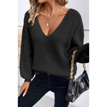 Womens Bow Sweater Sexy Deep V Neck Backless Pullover Sweaters Oversized Long Lantern Sleeve Tops Trendy 2024 Fall Outfits Black