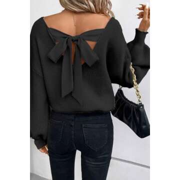 Womens Bow Sweater Sexy Deep V Neck Backless Pullover Sweaters Oversized Long Lantern Sleeve Tops Trendy 2024 Fall Outfits Black