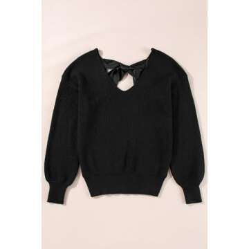 Womens Bow Sweater Sexy Deep V Neck Backless Pullover Sweaters Oversized Long Lantern Sleeve Tops Trendy 2024 Fall Outfits Black