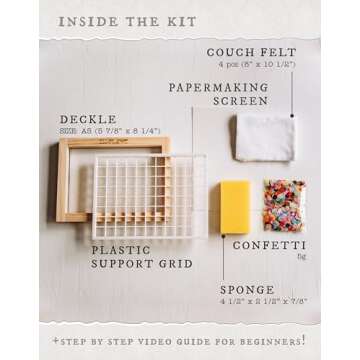 Waterproof Paper Making Screen Kit to Craft Your Own Handmade A5 Paper: Wood Deckle, Mesh Screen, Plastic Grid, Confetti, Sponge, 4 Couch Felts & Video Instructions…