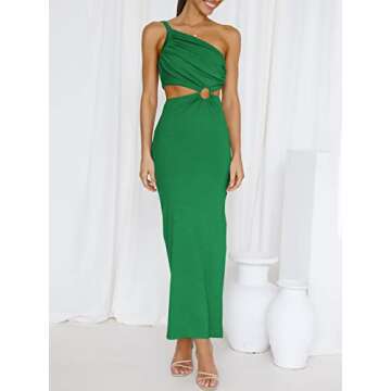 ANRABESS Women Summer One Shoulder Sleeveless Maxi Dress Cutout Sexy Bodycon Semi Formal Dinner Date Vacation Dresses Green Large