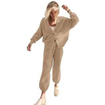 SAUKOLE Womens 2 Piece Sweater Matching Sets Fashion Oversized Cardigan and Baggy Long Pants Knitted Outfits Set Sweatsuit