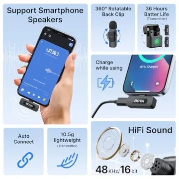 BOYA V3 Combo Wireless Microphone for iPhone/Andriod/PC/Laptop with USB-C/Lightning Port, 36H Battery Life with Charging Case, Noise Canceling Lapel Microphone Wireless Mini Mic for Video Recording