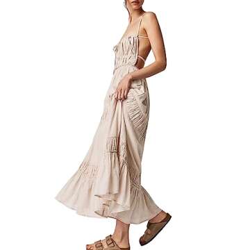 Argeousgor Women Sexy V Neck Bodycon Long Dress Spaghetti Strap Tiered Ruffle Maxi Dress Backless Layered Flowy Y2K Sundress