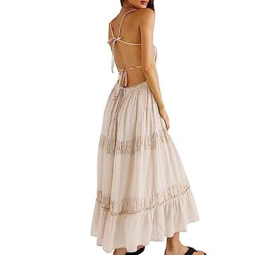 Argeousgor Women Sexy V Neck Bodycon Long Dress Spaghetti Strap Tiered Ruffle Maxi Dress Backless Layered Flowy Y2K Sundress