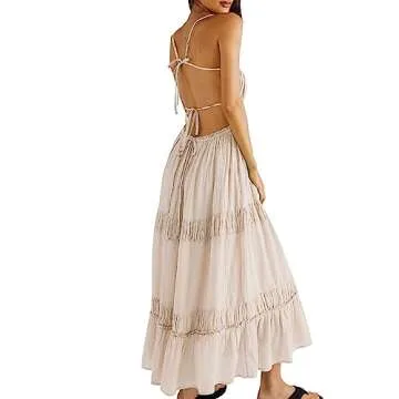 Argeousgor Women Sexy V Neck Bodycon Long Dress Spaghetti Strap Tiered Ruffle Maxi Dress Backless Layered Flowy Y2K Sundress