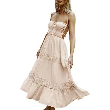 Argeousgor Women Sexy V Neck Bodycon Long Dress Spaghetti Strap Tiered Ruffle Maxi Dress Backless Layered Flowy Y2K Sundress