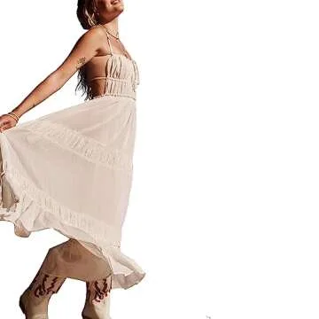 Argeousgor Women Sexy V Neck Bodycon Long Dress Spaghetti Strap Tiered Ruffle Maxi Dress Backless Layered Flowy Y2K Sundress