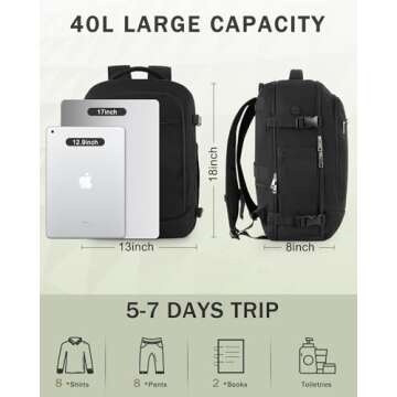 Travel Backpack for Women Men, 40L Carry on Flight Approved Backpack, Personal Item Travel Bag with Multi-Pockets, Waterproof Travel Bag Fits 17 Inch Laptop, Gift for Weekender, College, Work, Black