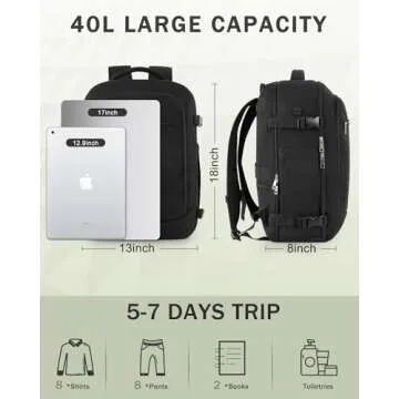 Travel Backpack for Women Men, 40L Carry on Flight Approved Backpack, Personal Item Travel Bag with Multi-Pockets, Waterproof Travel Bag Fits 17 Inch Laptop, Gift for Weekender, College, Work, Black