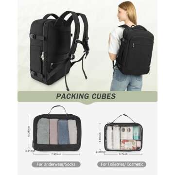 Travel Backpack for Women Men, 40L Carry on Flight Approved Backpack, Personal Item Travel Bag with Multi-Pockets, Waterproof Travel Bag Fits 17 Inch Laptop, Gift for Weekender, College, Work, Black