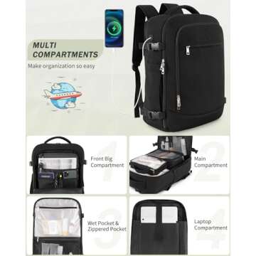 Travel Backpack for Women Men, 40L Carry on Flight Approved Backpack, Personal Item Travel Bag with Multi-Pockets, Waterproof Travel Bag Fits 17 Inch Laptop, Gift for Weekender, College, Work, Black