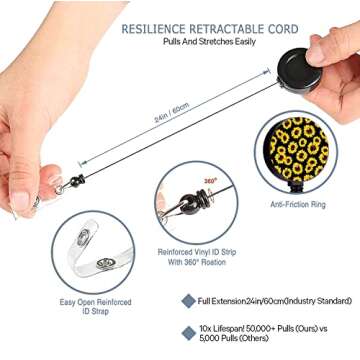 Sunflower Badge Reels Retractable with Clip, Id Badge Holders Cute, Student Retractable 360° Buckle...