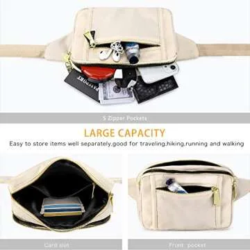 ZORFIN Fanny Packs for Women Men, Belt Bag with 5 Zipper Pockets, Fashion Waist Pack Crossbody Bag with Adjustable Belt for Travel/Shopping/Hiking/Running/Cycling（Ivory）