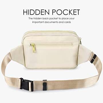 ZORFIN Fanny Packs for Women Men, Belt Bag with 5 Zipper Pockets, Fashion Waist Pack Crossbody Bag with Adjustable Belt for Travel/Shopping/Hiking/Running/Cycling（Ivory）